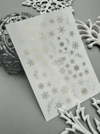 FG-305 gold foil snowflakes with dot accents nail decals close up
