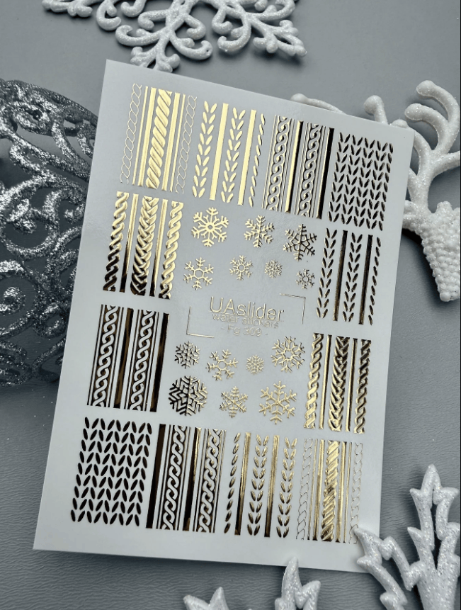 FG-321 gold foil knit sweater texture strips and snowflakes nail water decal sheet