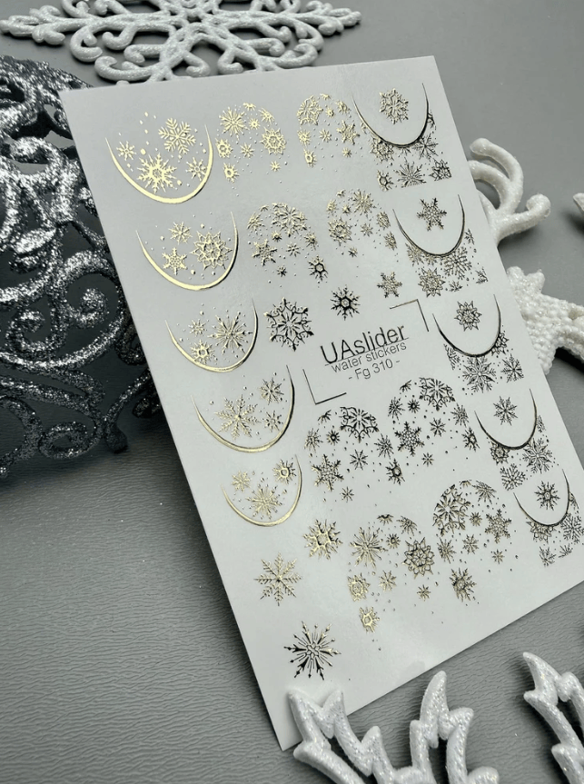 FG-310 Gold Foil Snowflake Crescent Moon Arches Nail Water Decals Holiday Winter Nail Art Close Up
