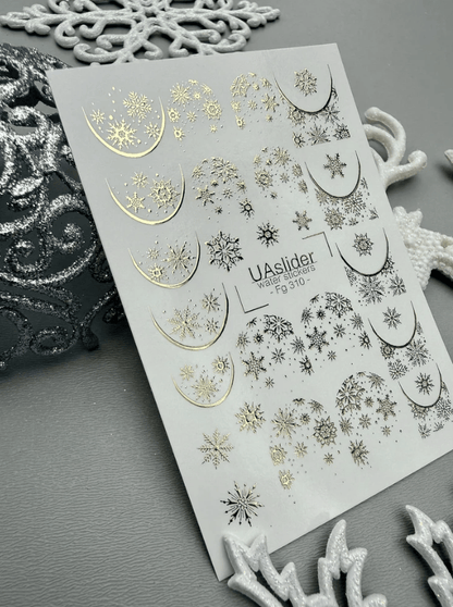 FG-310 Gold Foil Snowflake Crescent Moon Arches Nail Water Decals Holiday Winter Nail Art Close Up