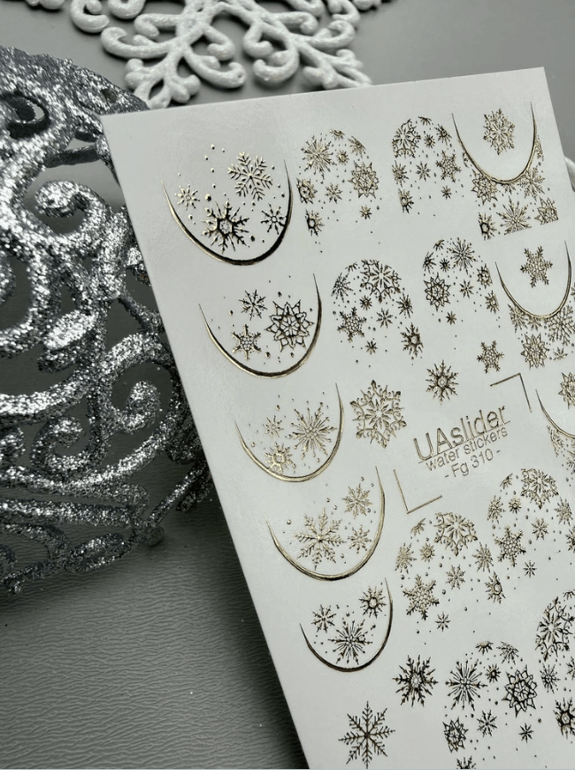 FG-310 Gold Foil Snowflakes Crescent Moon Half-Moon French Tip Nail Water Decals Winter Christmas Nail Art