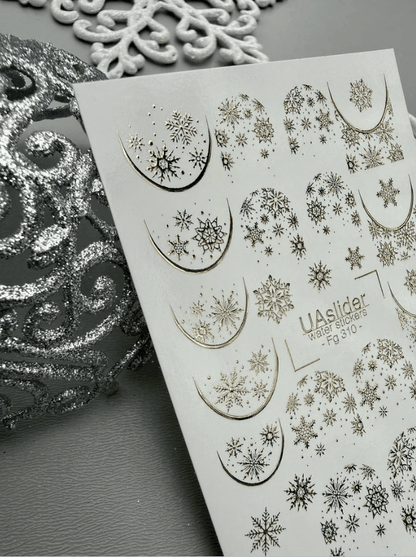 FG-310 Gold Foil Snowflakes Crescent Moon Half-Moon French Tip Nail Water Decals Winter Christmas Nail Art
