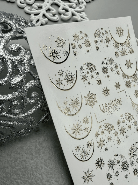 UASlider 2D Nail Decal FG-310 Gold Foil Water Decals – Snowflakes & Crescent Moon Half-Moon French Tip Arches Winter Christmas Nail Art