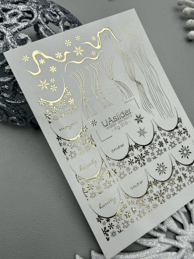 UA Slider 2D Nail Decal FG-315 Gold Foil Water Decals – Winter Words Snowflakes Wavy Lines Drip French Tips Scallop Arches Winter Christmas Nail Art