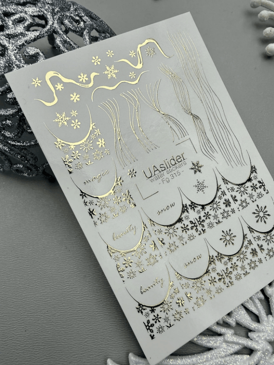 UA Slider 2D Nail Decal FG-315 Gold Foil Water Decals – Winter Words Snowflakes Wavy Lines Drip French Tips Scallop Arches Winter Christmas Nail Art