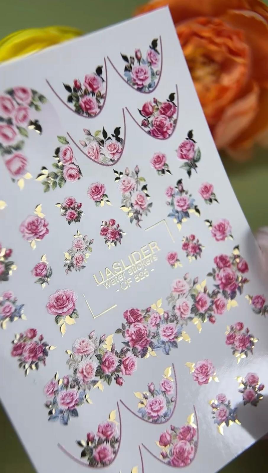 UASlider 2D Nail Decal CF-825 Pink Rose Gold Foil Nail Water Decals - Romantic Floral French Nail Art