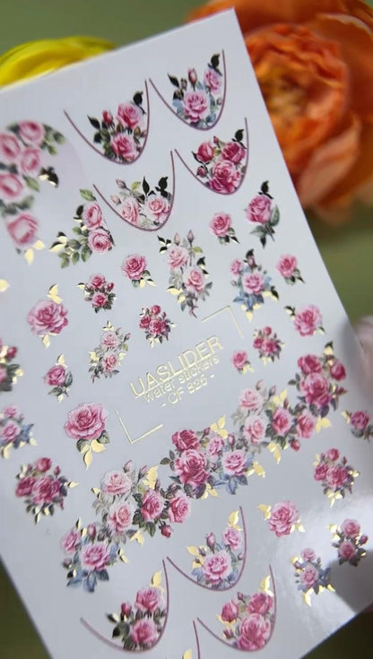 UASlider 2D Nail Decal CF-825 Pink Rose Gold Foil Nail Water Decals - Romantic Floral French Nail Art