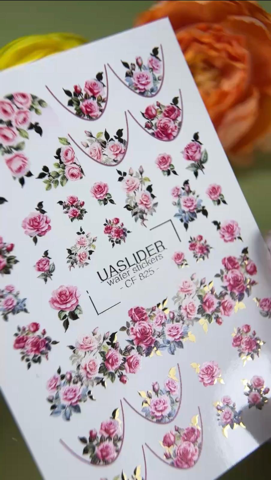 UASlider 2D Nail Decal CF-825 Pink Rose Gold Foil Nail Water Decals - Romantic Floral French Nail Art