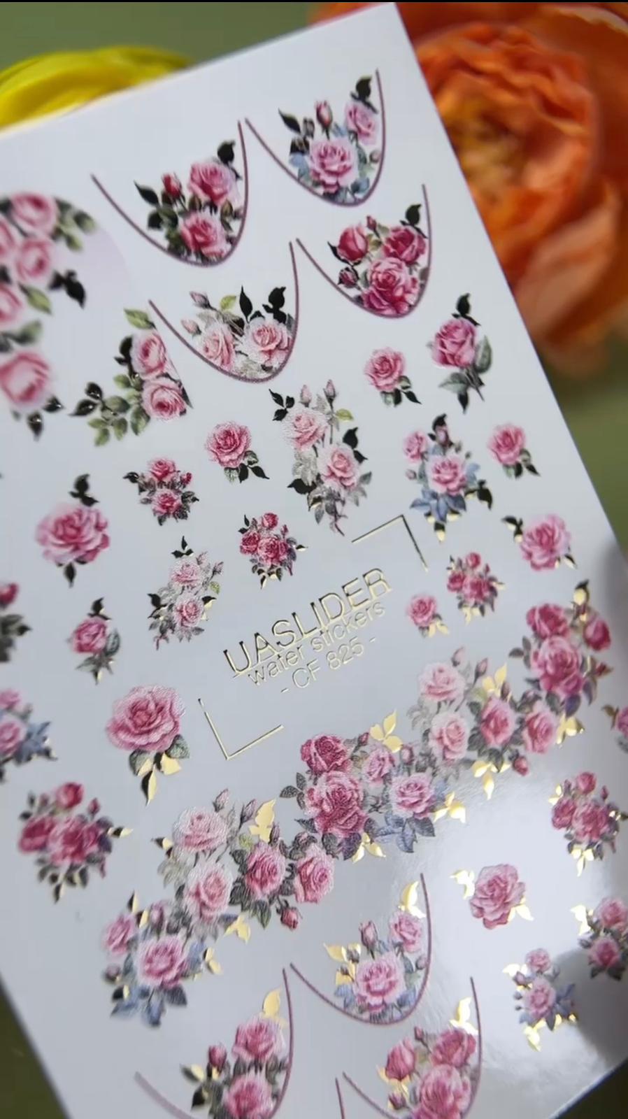 UASlider 2D Nail Decal CF-825 Pink Rose Gold Foil Nail Water Decals - Romantic Floral French Nail Art