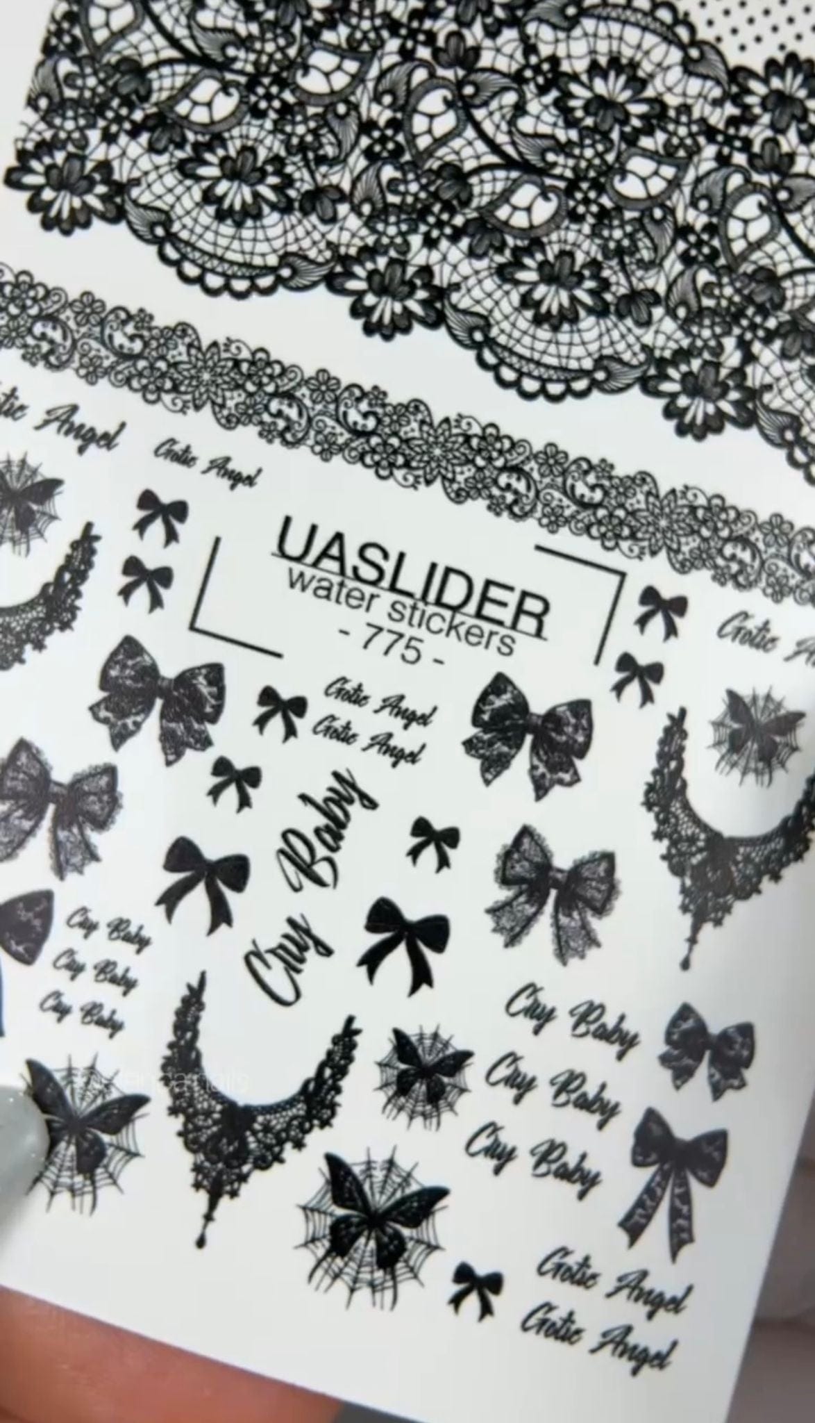 UA Slider 2D Nail Decal 775 Black Lace & Bow Nail Water Decals - Gothic Angel, Cry Baby & Spider Web Designs