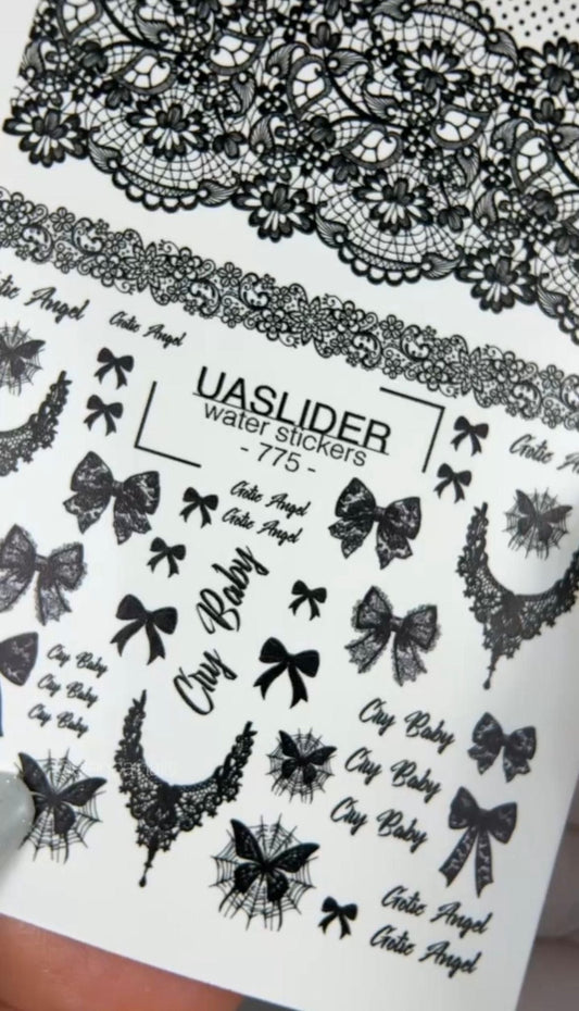 UA Slider 2D Nail Decal 775 Black Lace & Bow Nail Water Decals - Gothic Angel, Cry Baby & Spider Web Designs