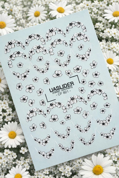 UASlider 2D Nail Decal CF-821 Black Cherry Blossom Gold Foil Nail Water Decals - French Tip & Scattered Floral Nail Art