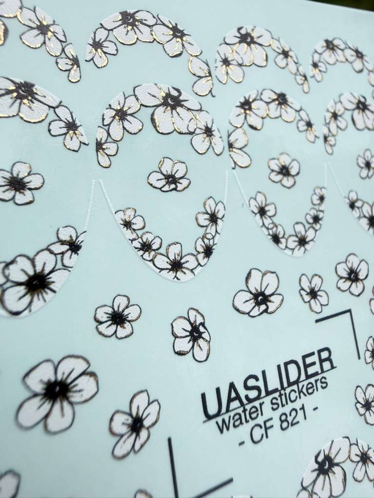UASlider 2D Nail Decal CF-821 Black Cherry Blossom Gold Foil Nail Water Decals - French Tip & Scattered Floral Nail Art