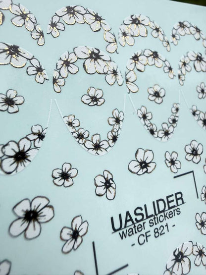 UASlider 2D Nail Decal CF-821 Black Cherry Blossom Gold Foil Nail Water Decals - French Tip & Scattered Floral Nail Art