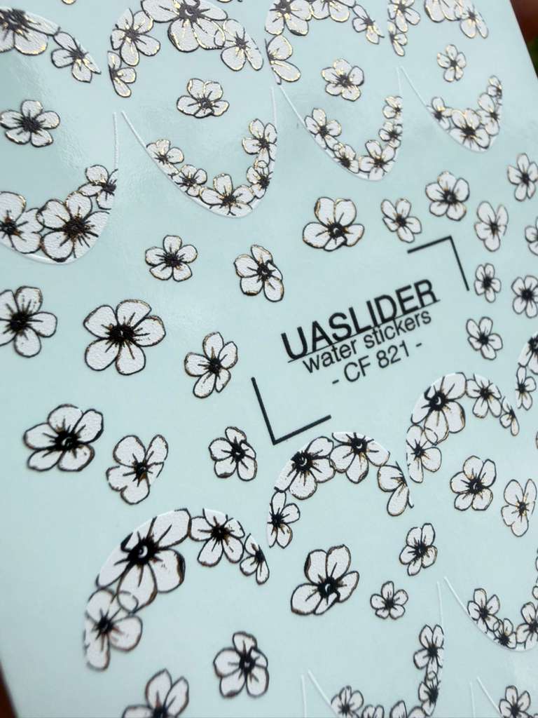 UASlider 2D Nail Decal CF-821 Black Cherry Blossom Gold Foil Nail Water Decals - French Tip & Scattered Floral Nail Art