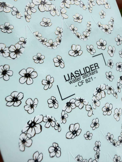 UASlider 2D Nail Decal CF-821 Black Cherry Blossom Gold Foil Nail Water Decals - French Tip & Scattered Floral Nail Art