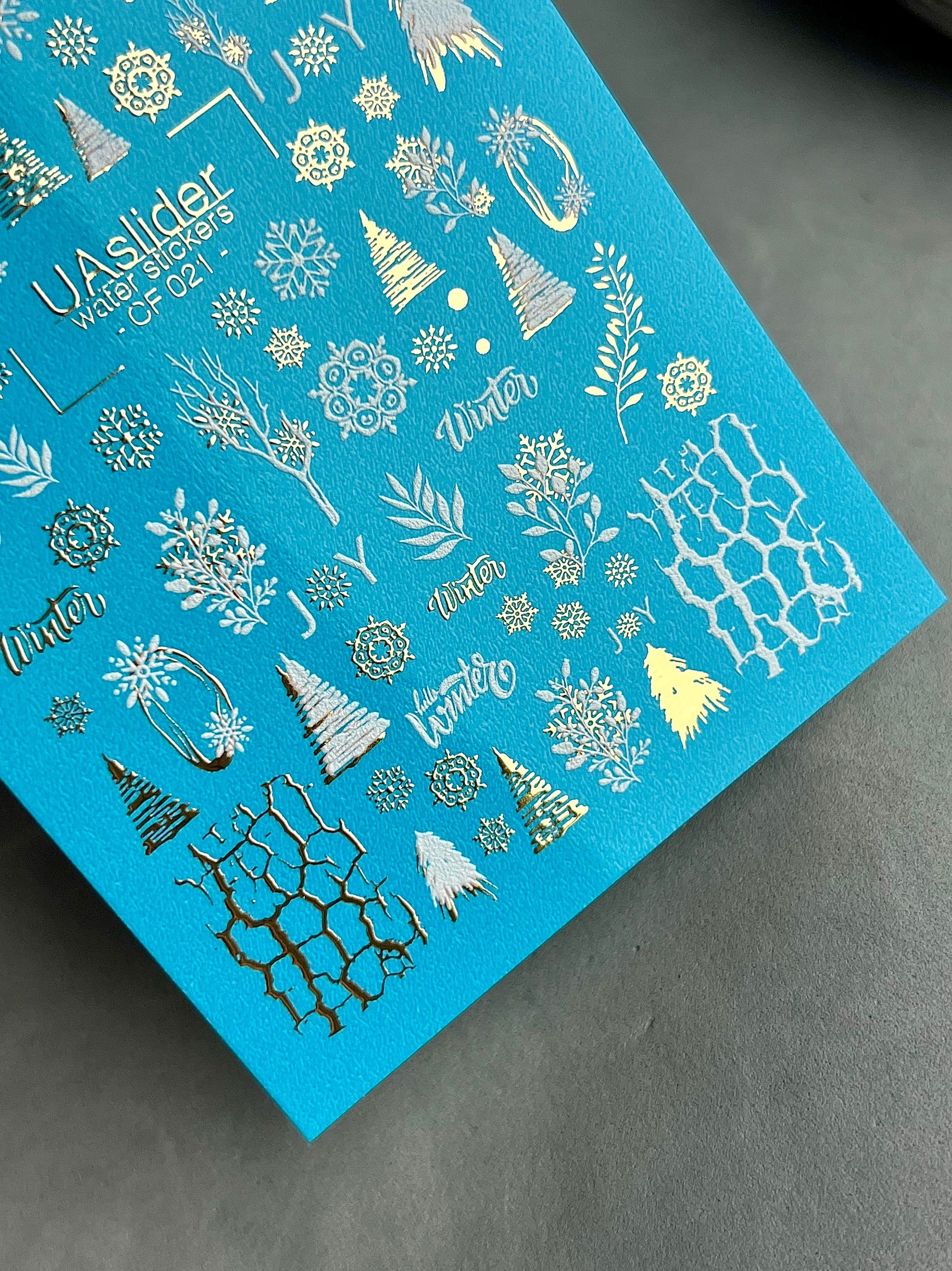 UA Slider 2D Nail Decal CF-021 Winter Script & Abstract Ice Foil Water Decals , Joy & Snowflake Nail Art