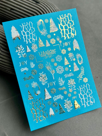 UA Slider 2D Nail Decal CF-021 Winter Script & Abstract Ice Foil Water Decals , Joy & Snowflake Nail Art