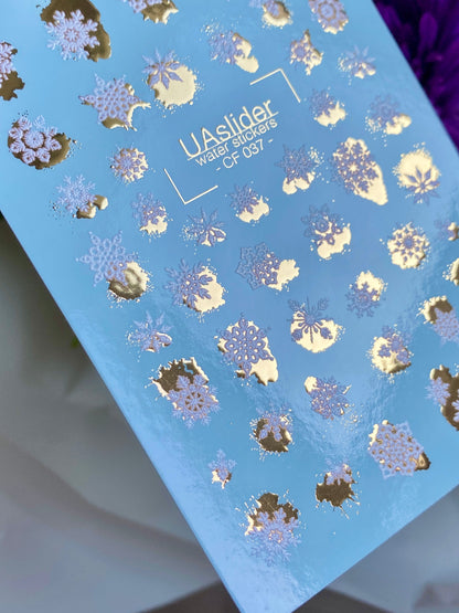 UA Slider 2D Nail Decal CF-037 Knit Snowflake & Gold Splash Winter Water Decals