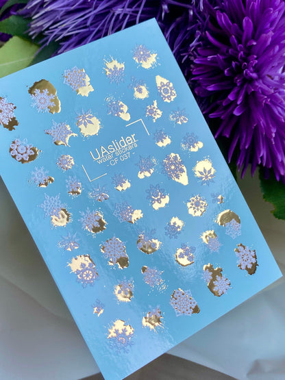 UA Slider 2D Nail Decal CF-037 Knit Snowflake & Gold Splash Winter Water Decals