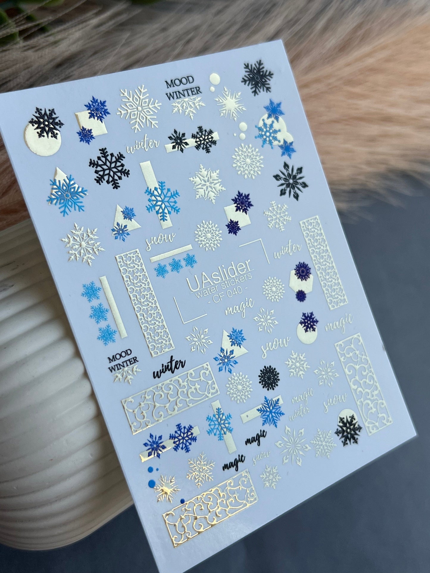 UA Slider 2D Nail Decal CF-040 Winter Magic Gold And Blue Snowflake Water Decals