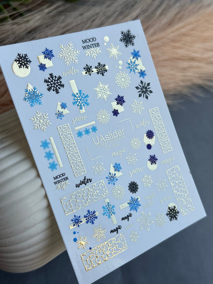 UA Slider 2D Nail Decal CF-040 Winter Magic Gold And Blue Snowflake Water Decals
