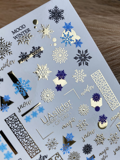 UA Slider 2D Nail Decal CF-040 Winter Magic Gold And Blue Snowflake Water Decals