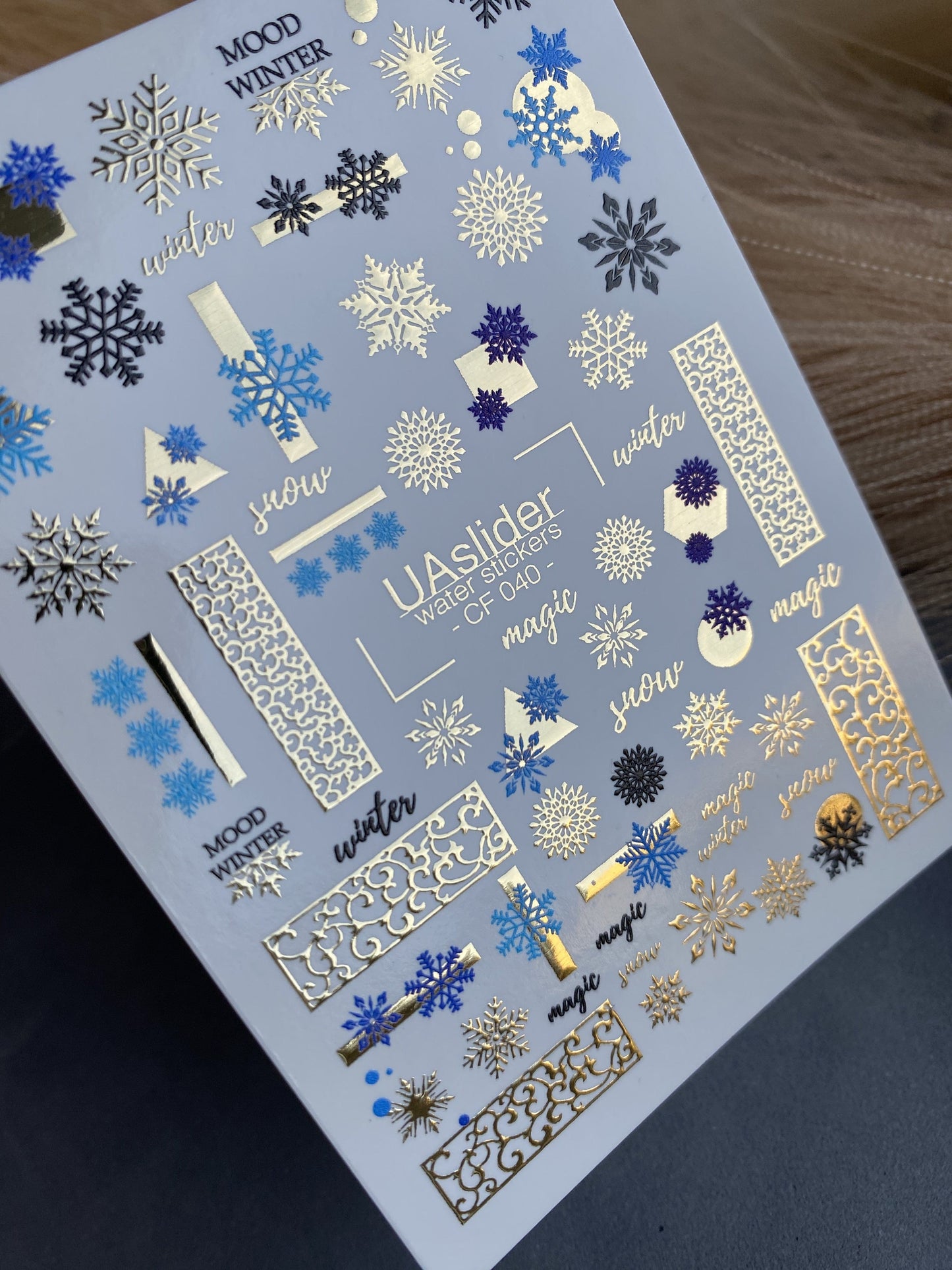 UA Slider 2D Nail Decal CF-040 Winter Magic Gold And Blue Snowflake Water Decals