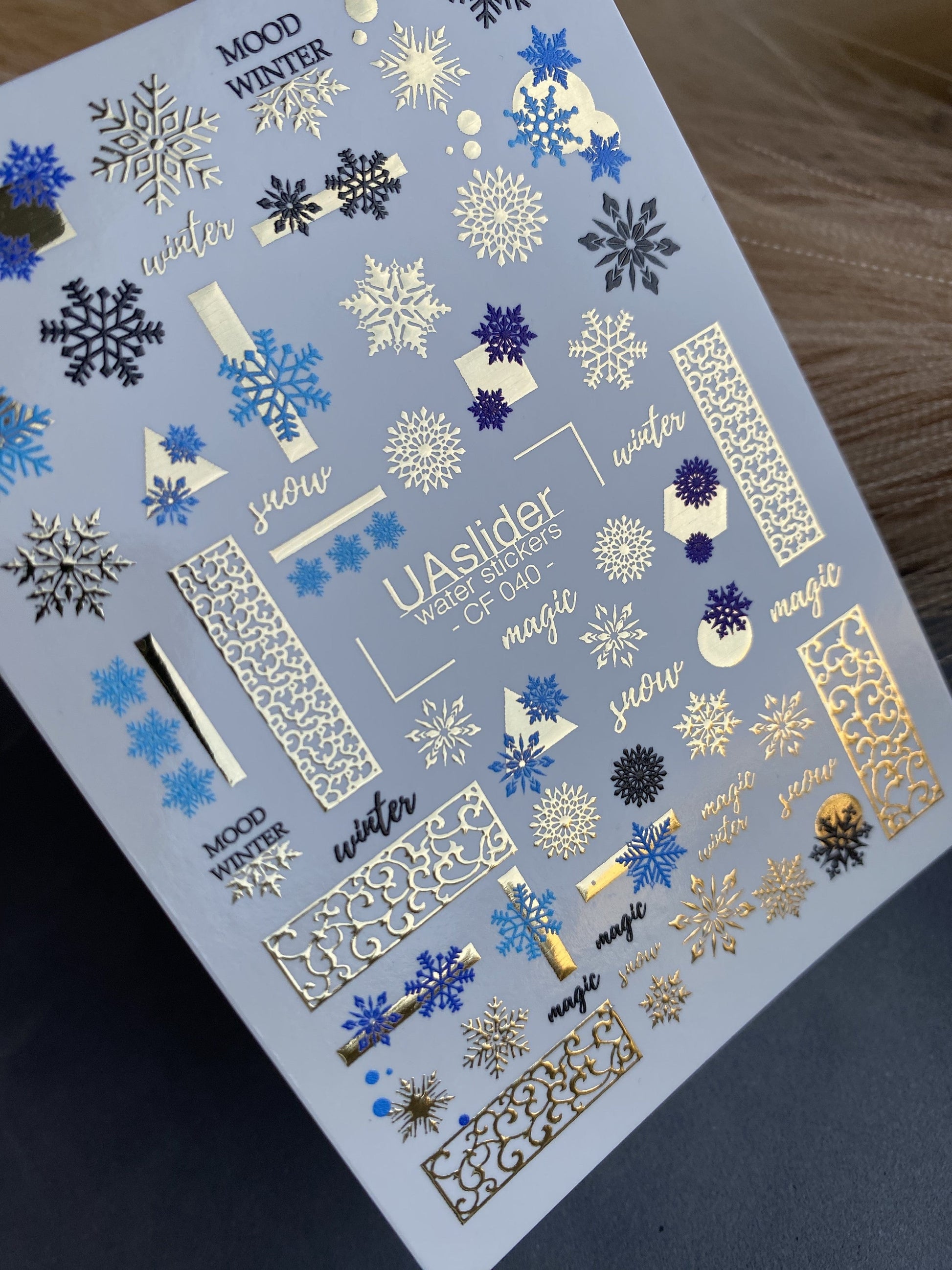 UA Slider 2D Nail Decal CF-040 Winter Magic Gold And Blue Snowflake Water Decals