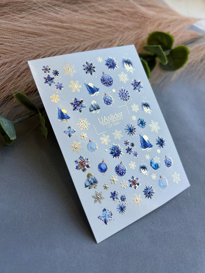 UA Slider 2D Nail Decal CF-050 Blue Snowflake & Ornament Christmas Water Decals, Winter Night Nail Art