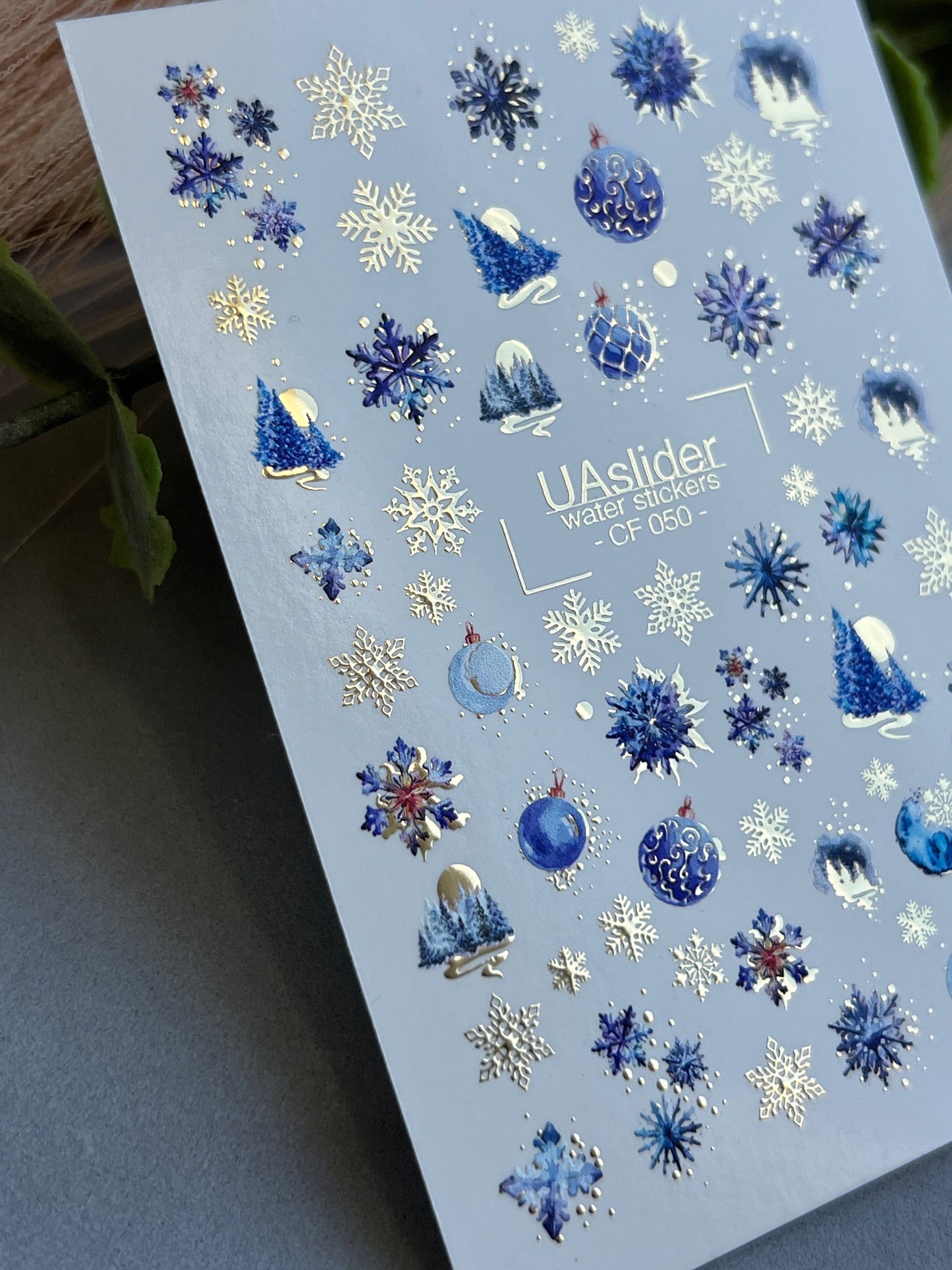 UA Slider 2D Nail Decal CF-050 Blue Snowflake & Ornament Christmas Water Decals, Winter Night Nail Art