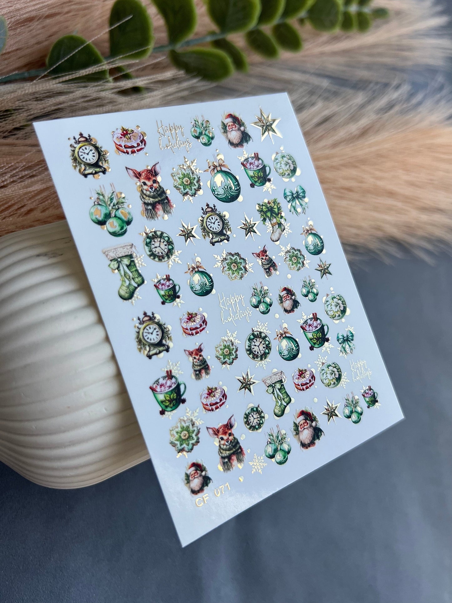 UA Slider 2D Nail Decal CF-071 Green Christmas Ornaments & Vintage Holiday Water Decals