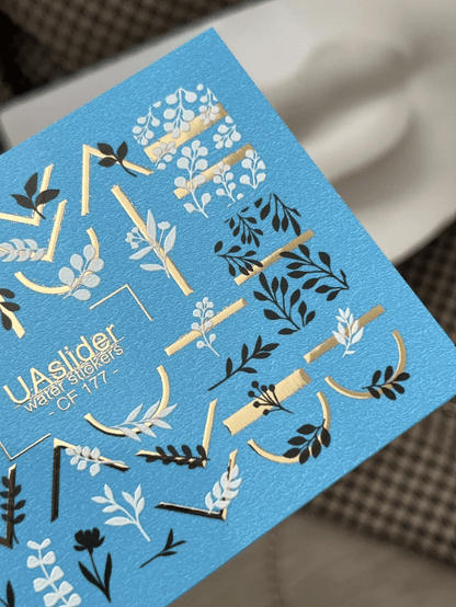 UA Slider 2D Nail Decal CF-177 Nail Decal Gold FOIL/ Minimalist/ Botanical / Leaves/ Gold Geometric Accents/Water Stickers (Copy)