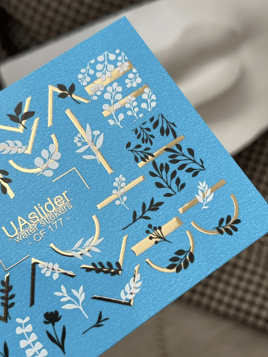 UA Slider 2D Nail Decal CF-177 Nail Decal Gold FOIL/ Minimalist/ Botanical / Leaves/ Gold Geometric Accents/Water Stickers (Copy)