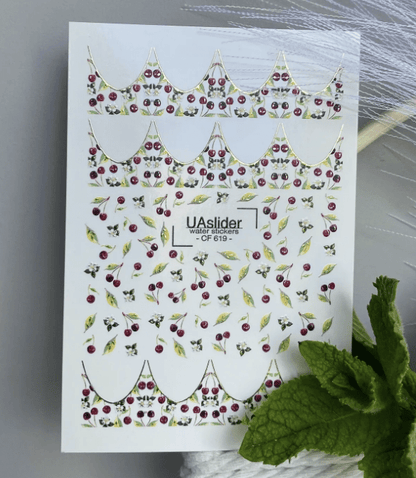 UA Slider 2D Nail Decal CF-619 Cherry French Tip Nail Decals – Red Cherries & Blossoms Water Slide (CF-619)