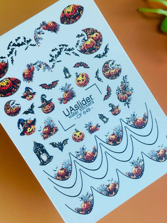 UA Slider 2D Nail Decal CF-649 Halloween Nail Water Decals Pumpkin Bat Witch Fall Sliders for Easy Nail Art Transfers
