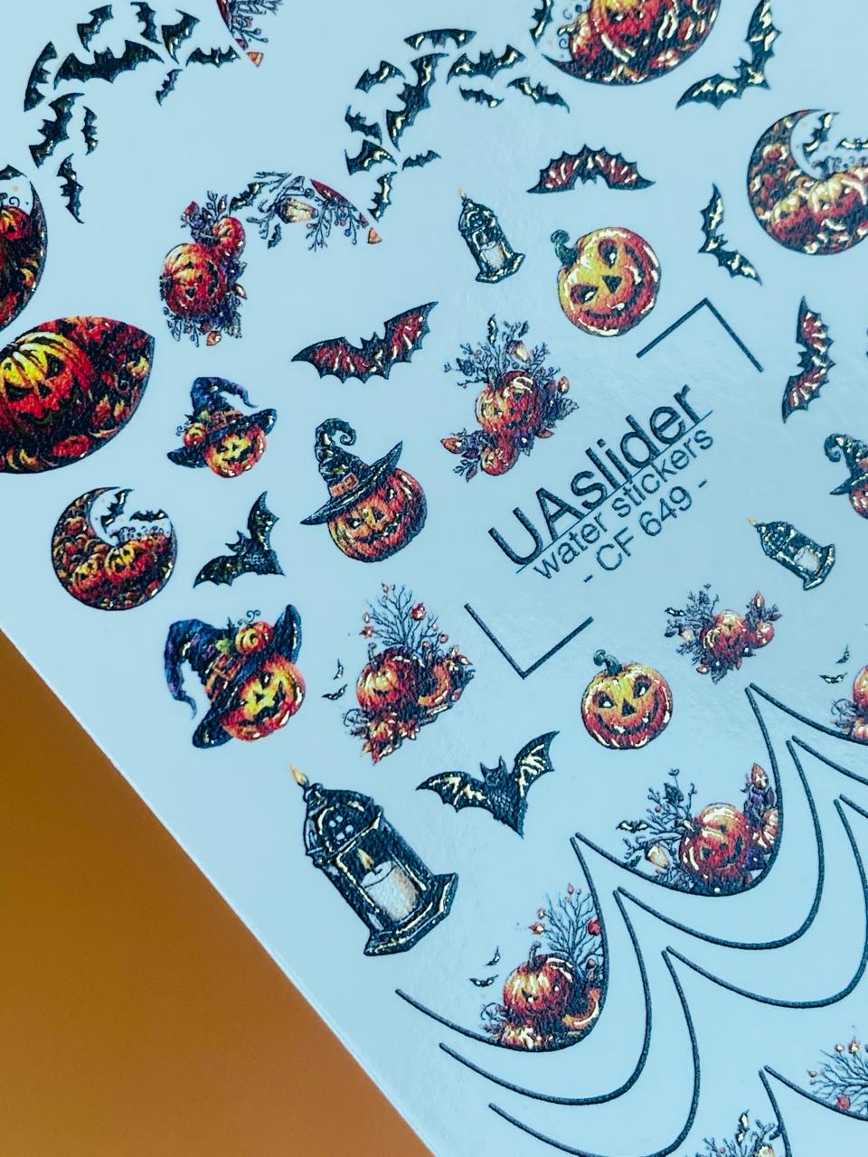 UA Slider 2D Nail Decal CF-649 Halloween Nail Water Decals Pumpkin Bat Witch Fall Sliders for Easy Nail Art Transfers
