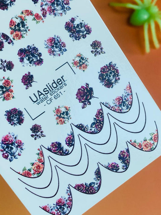 UA Slider 2D Nail Decal CF-651 Day of the Dead Floral Nail Decals – Roses & Sugar Skulls, French Tip Design