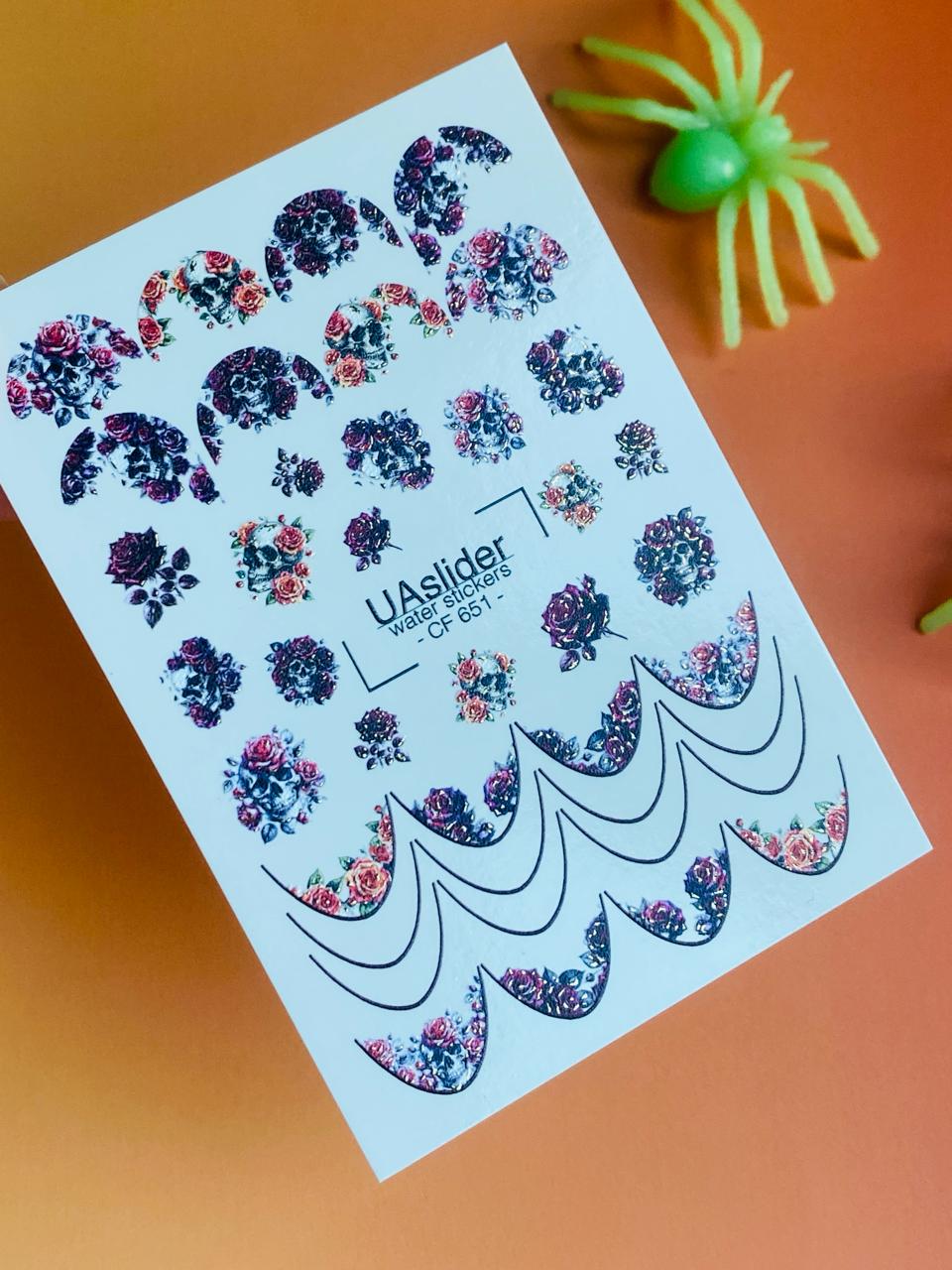 UA Slider 2D Nail Decal CF-651 Day of the Dead Floral Nail Decals – Roses & Sugar Skulls, French Tip Design