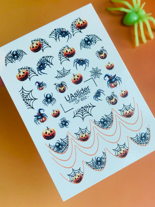 UA Slider 2D Nail Decal CF-652 Halloween Spider Pumpkin Nail Art Water Decals for Spooky Nails, French Designs