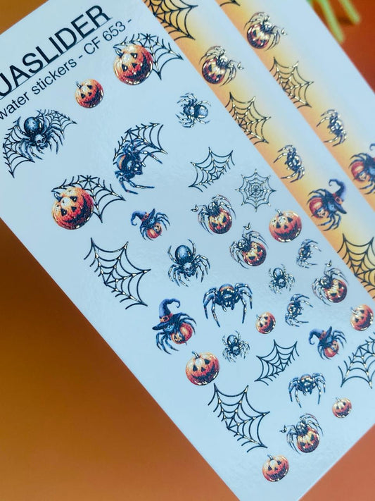 UA Slider 2D Nail Decal CF-653 Halloween Spiders and Pumpkin Nail Water Decals, Cute Spider Web Nail Art French Nails