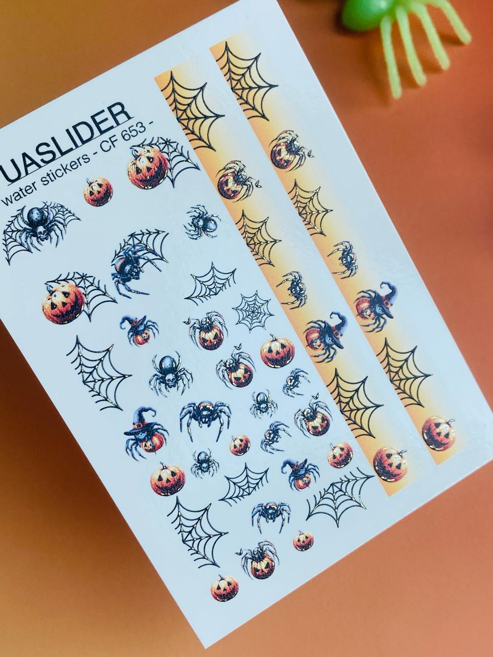 UA Slider 2D Nail Decal CF-653 Halloween Spiders and Pumpkin Nail Water Decals, Cute Spider Web Nail Art French Nails