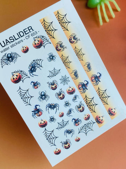 UA Slider 2D Nail Decal CF-653 Halloween Spiders and Pumpkin Nail Water Decals, Cute Spider Web Nail Art French Nails