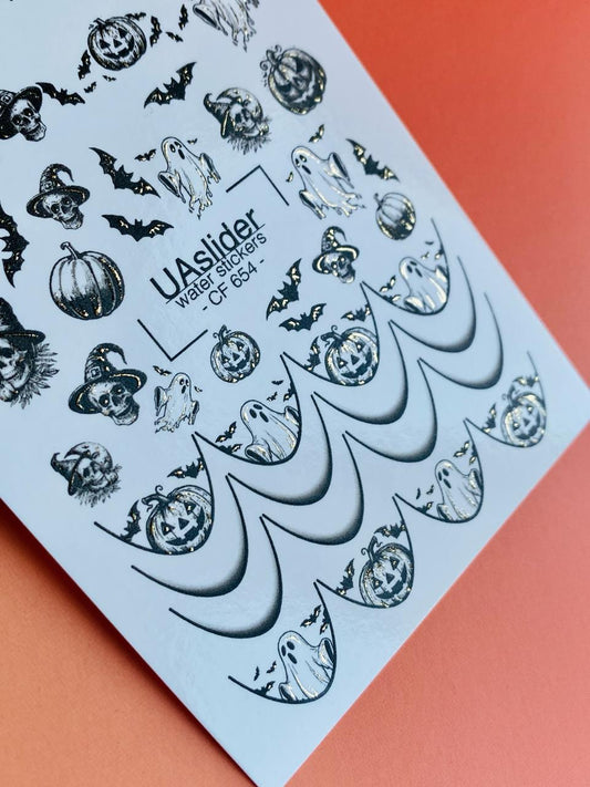 UA Slider 2D Nail Decal CF-654 Halloween Ghost and Pumpkin Nail Decals with French Tips