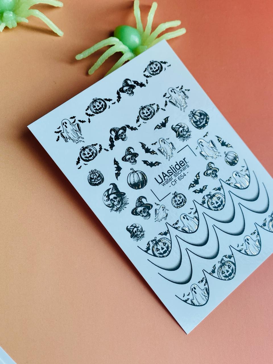 UA Slider 2D Nail Decal CF-654 Halloween Ghost and Pumpkin Nail Decals with French Tips