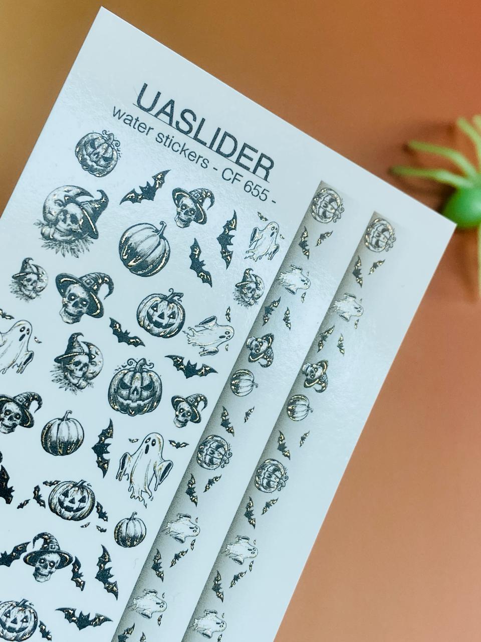 UA Slider 2D Nail Decal CF-655 Halloween French Tip Nail Art Decals – Ghosts, Pumpkins, Bats & Skulls, Water Transfer