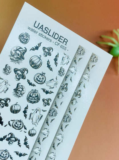 UA Slider 2D Nail Decal CF-655 Halloween French Tip Nail Art Decals – Ghosts, Pumpkins, Bats & Skulls, Water Transfer