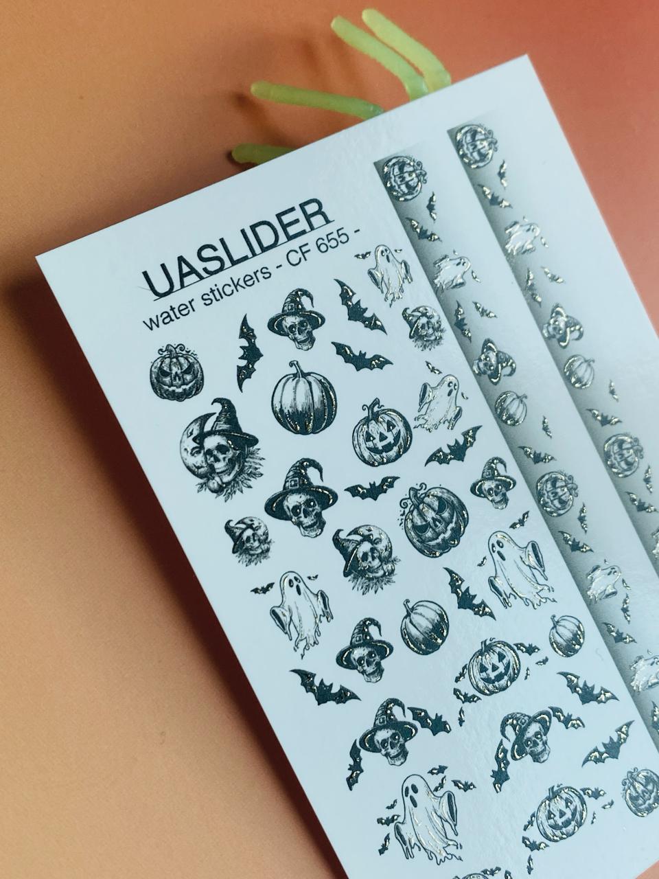 UA Slider 2D Nail Decal CF-655 Halloween French Tip Nail Art Decals – Ghosts, Pumpkins, Bats & Skulls, Water Transfer