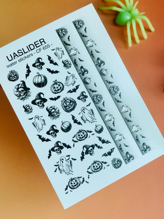 UA Slider 2D Nail Decal CF-655 Halloween French Tip Nail Art Decals – Ghosts, Pumpkins, Bats & Skulls, Water Transfer