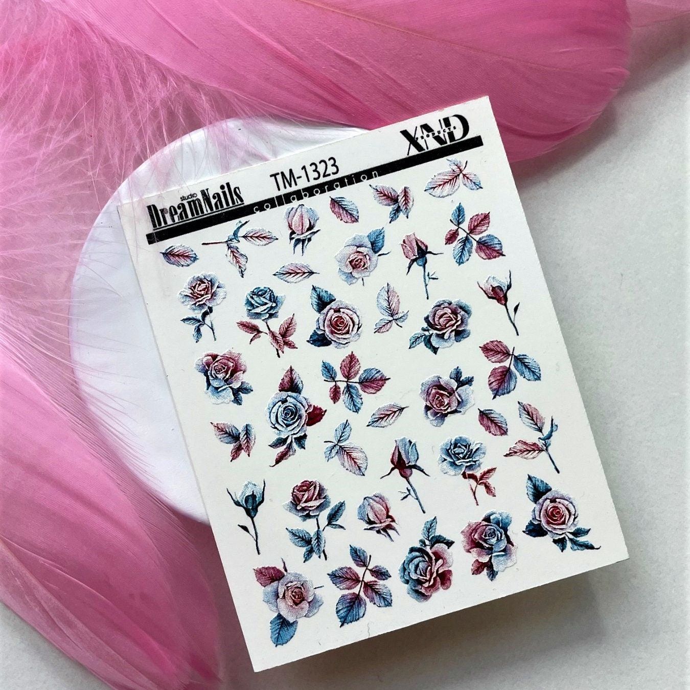 TM-1323 / Nail Decal 2D/ Floral & Plants/Roses/Blue/ Pink - Xochi Nail Designs LLC